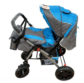 Carucior 0-36 luni, cu maner reversibil, geanta de accesorii si cos cumparaturi, Albastru
