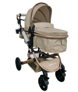 Carucior 2 in 1, Belecoo, cu maner protectie din piele, landou reversibil, geanta pentru accesorii, cu suspensii, multifunctional, bicolor bej Coffe