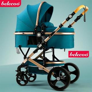 Carucior 2 in 1, Belecoo, cu maner protectie din piele, landou reversibil, geanta pentru accesorii, multifunctional, turquoise