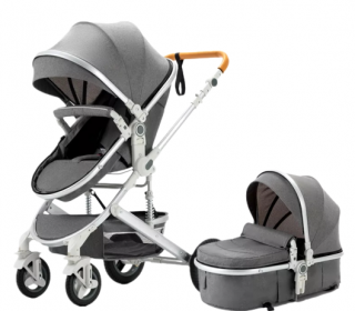 Carucior, 2 in 1, Cu landou Reversibil, Silver frame, Dubla Suspensie pe roata si pe cadru, Geanta pentru scutece, Argintiu Gri