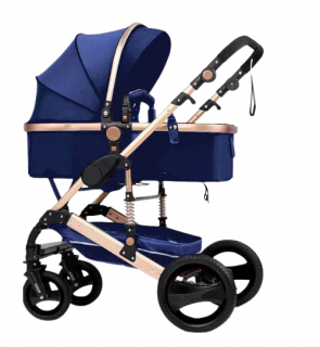 Carucior 2 in 1,  cu maner protectie din piele, landou reversibil, geanta pentru accesorii, multifunctional, gold frame