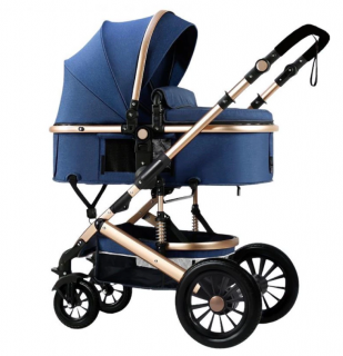 Carucior 2 in 1, Dubla suspensie pe roata si cadru, Geanta inclusa, Plasa de tantari inclusa, Roata cauciuc, Albastru Cosmic