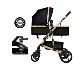 Carucior 2 in 1, Dubla suspensie pe roata si cadru , Geanta inclusa, Plasa de tantari inclusa, Roata cauciuc, Maro Negru