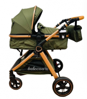 Carucior 2 in 1, Suspensie dubla pe roata, Geanta inclusa, strangere compacta, Belecoo, kaki