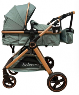Carucior 2 in 1, Suspensie dubla pe roata, Geanta inclusa, strangere compacta, Belecoo, Verde army