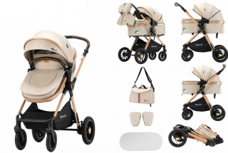Carucior 2 in 1, Teknum, Modul sport transformabil din landou, Plasa de insecte, saltea si geanta de scutece, Manusi de protectie, Bej