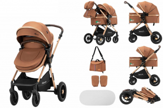 Carucior 2 in 1, Teknum, Modul sport transformabil din landou, Plasa de insecte, saltea si geanta de scutece, Manusi de protectie, Maro