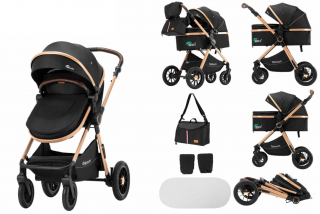 Carucior 2 in 1, Teknum, Modul sport transformabil din landou, Plasa de insecte, saltea si geanta de scutece, Manusi de protectie, Negru