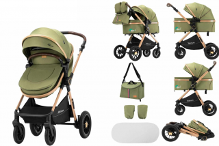 Carucior 2 in 1, Teknum, Modul sport transformabil din landou, Plasa de insecte, saltea si geanta de scutece, Manusi de protectie, Verde