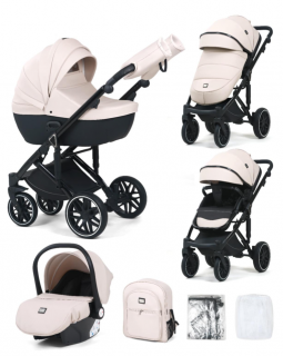Carucior 3 in 1, 0-36 luni, Colectia Fizio-Lux G8, Piese distincte, Cu Suspensii, Landou reversibil, Husa de ploaie si insecte, Geanta de scutece, Manusi de protectie, Eco-piele, Bej unt