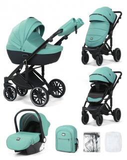 Carucior 3 in 1, 0-36 luni, Colectia Fizio-Lux G8, Piese distincte, Cu Suspensii, Landou reversibil, Husa de ploaie si insecte, Geanta de scutece, Manusi de protectie, Eco-piele, Green