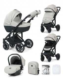 Carucior 3 in 1, 0-36 luni, Colectia Fizio-Lux G8, Piese distincte, Cu Suspensii, Landou reversibil, Husa de ploaie si insecte, Geanta de scutece, Manusi de protectie, Eco-piele, Gri