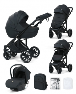 Carucior 3 in 1, 0-36 luni, Colectia Fizio-Lux G8, Piese distincte, Cu Suspensii, Landou reversibil, Husa de ploaie si insecte, Geanta de scutece, Manusi de protectie, Eco-piele, Negru antracit