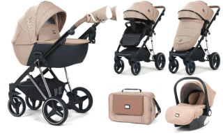 Carucior 3 in 1, 0-36 luni, Colectia Fizio-Lux G9, Piese distincte, Cu Suspensii, Landou reversibil, Husa de ploaie si insecte, Geanta de scutece, Manusi de protectie, Bej