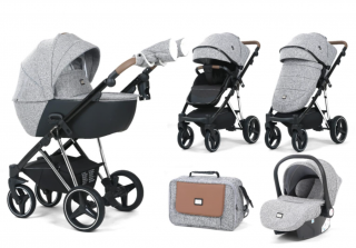 Carucior 3 in 1, 0-36 luni, Colectia Fizio-Lux G9, Piese distincte, Cu Suspensii, Landou reversibil, Husa de ploaie si insecte, Geanta de scutece, Manusi de protectie, Gri