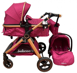 Carucior 3 in 1, Cu landou Reversibil, copertina extensibila, geanta pentru scutece, Belecoo, Cu scoica auto,  Mov Perlat