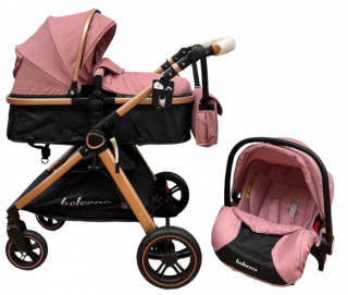 Carucior 3 in 1, Cu landou Reversibil, copertina extensibila, geanta pentru scutece, Belecoo, Cu scoica auto, Roz cu negru