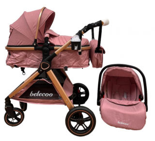 Carucior 3 in 1, Cu landou Reversibil, copertina extensibila, geanta pentru scutece, Belecoo, Cu scoica auto, Roz Pudra