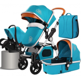 Carucior 3 in 1, Geanta de scutece, Saltea groasa de infasat, Suspensie pe roata, Bubu-Still Sun albastru antracit