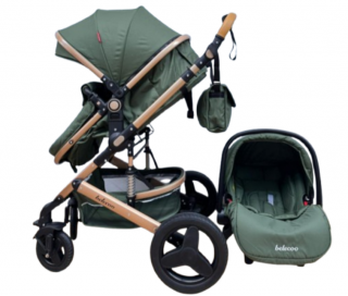 Carucior 3 in 1, Geanta de scutece, Suspensie dinamica pe roata si cadru, Belecoo, verde army