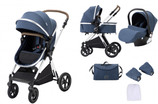 Carucior 3 in 1, Geanta de scutece, Suspensie pe roata, Bubu-Still Kidilo, Maner reversibil, Albastru, H2XC