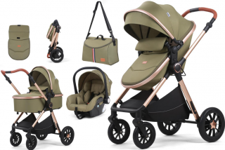 Carucior 3 in 1, Geanta de scutece, Suspensie pe roata, Kidilo, Verde, Maner reversibil