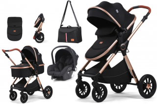 Carucior 3 in 1, Geanta de scutece, Suspensie pe roata si cadru, Kidilo, negru, Maner reversibil, H2DC