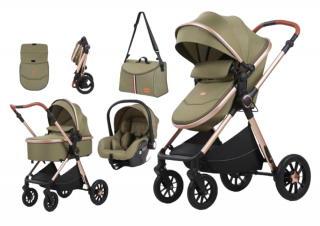 Carucior 3 in 1, Geanta de scutece, Suspensie pe roata, Verde, Maner reversibil