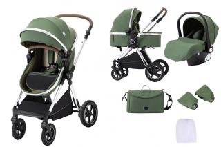 Carucior 3 in 1, Kidilo, cu suspensii, Geanta pentru accesorii si salteluta, Verde, Maner reversibil, H2XC