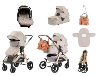 Carucior 3 in 1, Teknum, cu suspensii, Geanta pentru accesorii si salteluta, Bej nisipiu