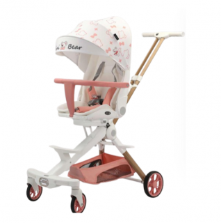 Carucior bebe cu copertina retractabila pentru protectie UV, 6 si 36 luni, reversibil, pliere compacta tip troler pentru avion, lumini si muzica, alb cu norisori