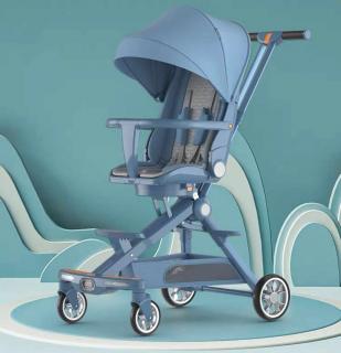 Carucior bebe cu copertina retractabila pentru protectie UV, 6 si 36 luni, reversibil, pliere compacta tip troler pentru avion, lumini si muzica,  albastru