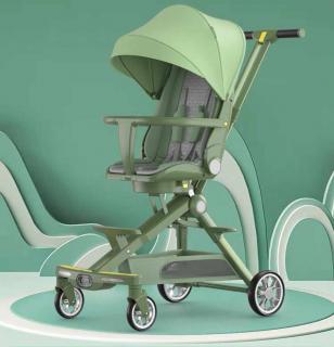 Carucior bebe cu copertina retractabila pentru protectie UV, 6 si 36 luni, reversibil, pliere compacta tip troler pentru avion, lumini si muzica, verde