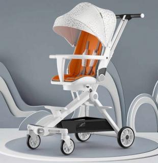 Carucior bebe cu copertina retractabila pentru protectie UV, 6 si 36 luni, reversibil, pliere compacta tip troler pentru avion, lumini si muzica
