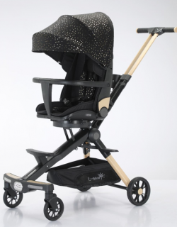 Carucior bebe cu copertina retractabila pentru protectie UV, 6 si 36 luni, reversibil, pliere compacta tip troler pentru avion, lumini si muzica