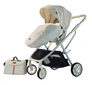 Carucior copii, 0-36 luni, sarcina maxima 22 kg, Maner reversibil, Colectie Lux, Geanta de scutece, Alb unt