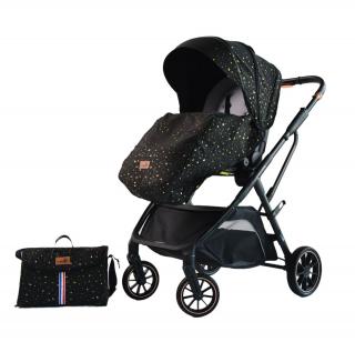 Carucior copii, 0-36 luni, sarcina maxima 22 kg, Maner reversibil, Colectie Lux, Geanta de scutece, negru auriu