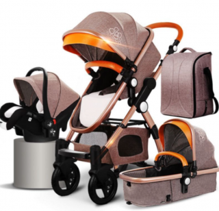 Carucior multifunctional 3 in 1, Dubla suspensie, Modul scoica inclus, Maner reversibil si telescopic, Parasolar cu piele, Geanta de scutece, Saltea groasa de infasat