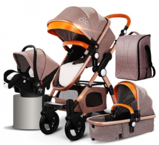 Carucior multifunctional 3 in 1, Modul scoica inclus, Geanta de scutece, Saltea groasa de infasat, Maner reversibil si telescopic, Parasolar cu piele-bej