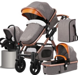 Carucior multifunctional 3 in 1, Modul scoica inclus, Maner reversibil si telescopic, Parasolar cu piele, Geanta de scutece, Saltea goasa de infasat, gri