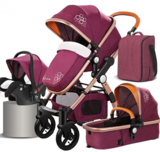 Carucior, Pentru copii, Multifunctional 3 in 1, Dubla suspensie, Modul scoica inclus, Maner telescopic, Geanta de scutece, Saltea groasa de infasat, Culoarea Mov
