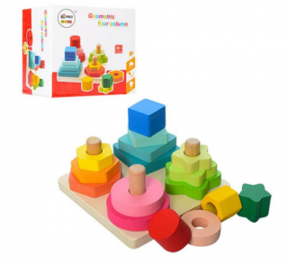 Jucarie Montessori, 4 in 1, Forme geometrice de stivuit si invatat culori