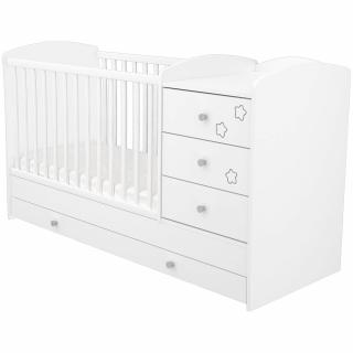 Patut copii transformabil din lemn cu 4 sertare Hubners Matei Kombi 120x60 cm alb cu stelute