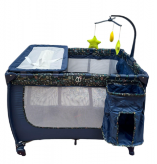 Patut pliabil, cu 2 nivele, masa de infasat, sac colector lateral, carusel, albastru