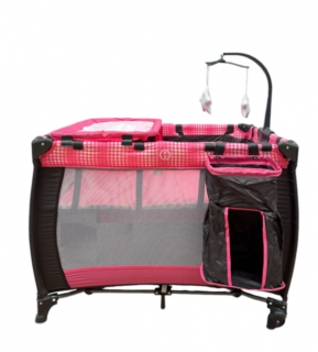 Patut pliabil, cu 2 nivele, masa de infasat, sac colector lateral, carusel, roz