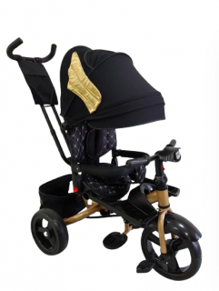 Tricicleta cu scaun reversibil Sun, 6-36 luni, cu pozitie de somn, Bubu-Still, sezut ergonomic tip scoica, roti Cauciuc, Negru auriu