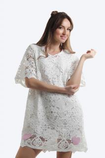 Rochie trapez cu maneca scurta din dantela alba tip macrame