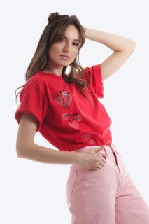 Tricou rosu oversized cu broderie Hold My Hand