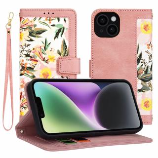 Husa Tip Carte iPhone 14 cu Flip Magnetic Roz cu Flori TFC
