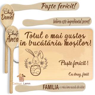 Set Cadou Paste ,   Totul Este Mai Gustos in Bucataria Mosilor ,   Personalizat cu Articole din Lemn